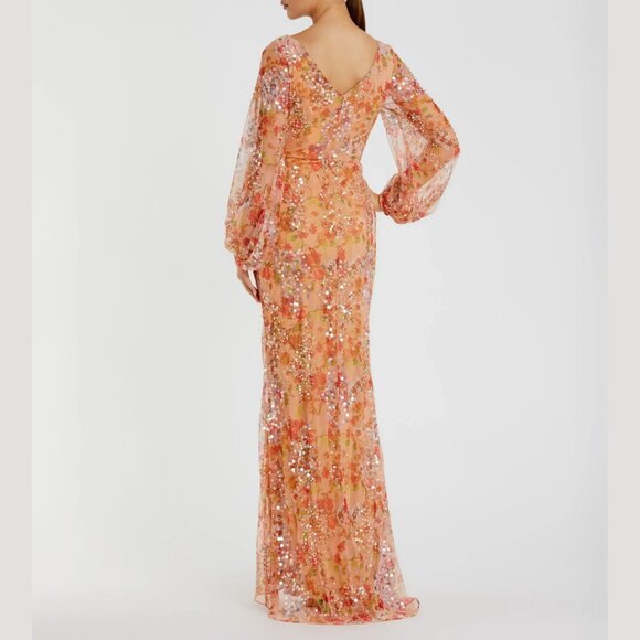Mac Duggal 93547 Size 22 Long Sleeve V-Neck Orange Floral Sequin Maxi Gown Dress - Picture 3 of 3